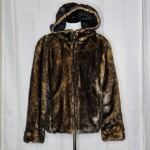 Braetan Brown & Black Reversible Faux Fur Full Zip Front Hooded All Weather Coat